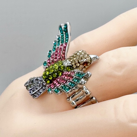 Large Multicolor Rhinestone Bird Cocktail Stretch Ring - Picture 4 of 7